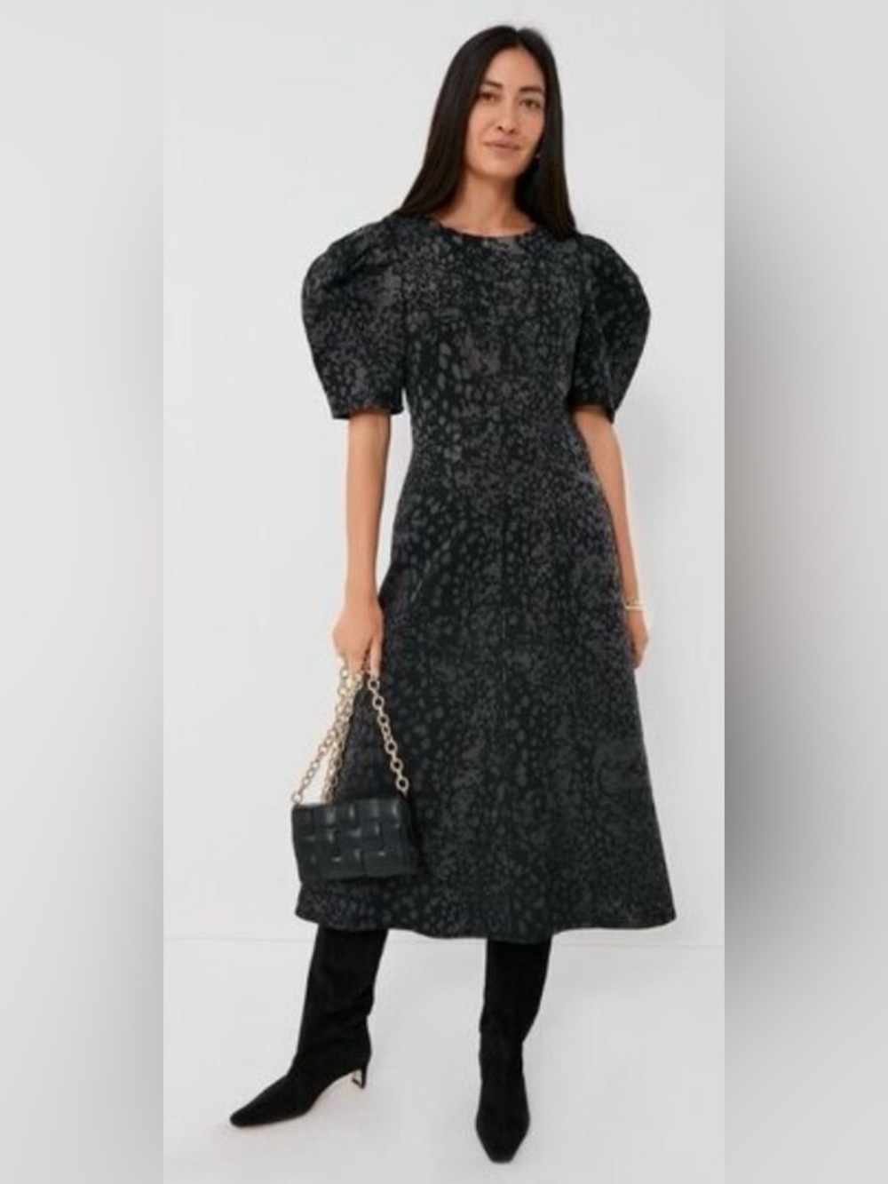 En Saison NEW Charcoal Gray Harlow Denim Animal Print Midi Dress Size XS